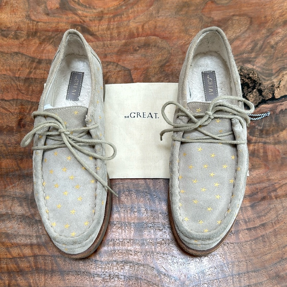 THE GREAT. Beige Suede Star-Embroidered Boat Shoes